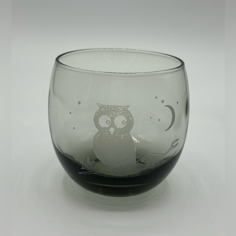 Set Of 4 Vintage Roly Poly Glasses With Owls And Moon Smokey Color